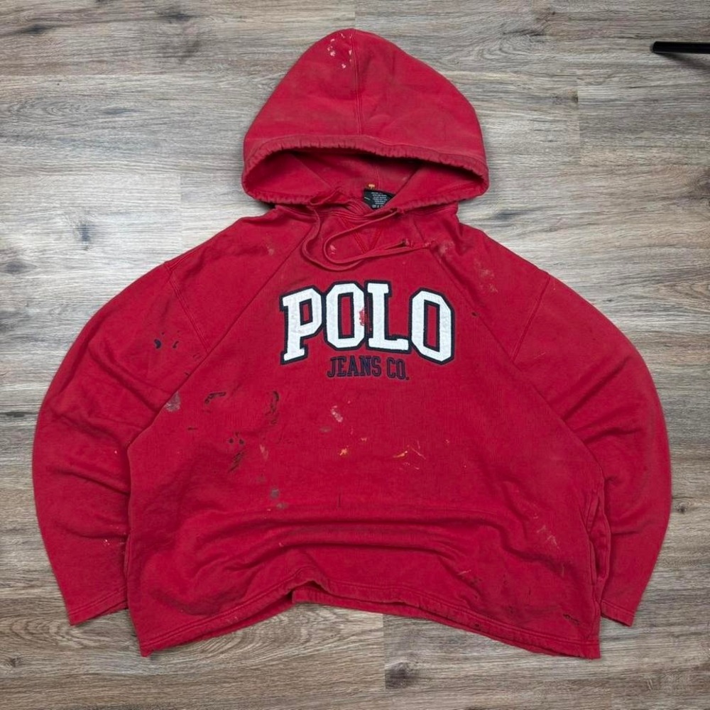 1of1 distressed polo ralph lauren jeans co paint splattered boxy red hoodie